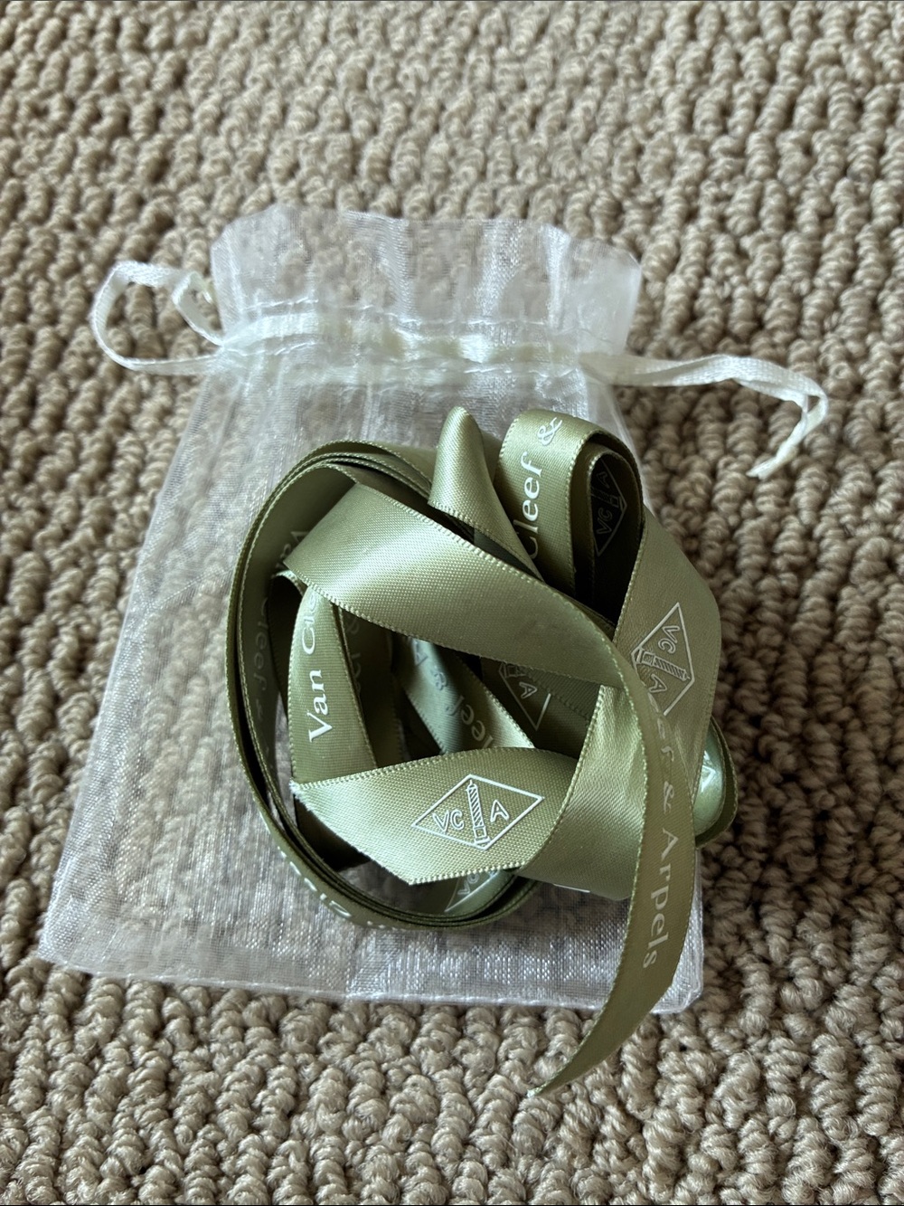 Van Cleef & Arpels Olive Green Satin Ribbon in Sheer Organza Pouch